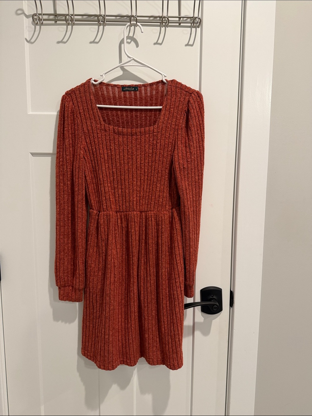 Plaid & Plain Ribbed Long-Sleeve Midi Dress in Rust